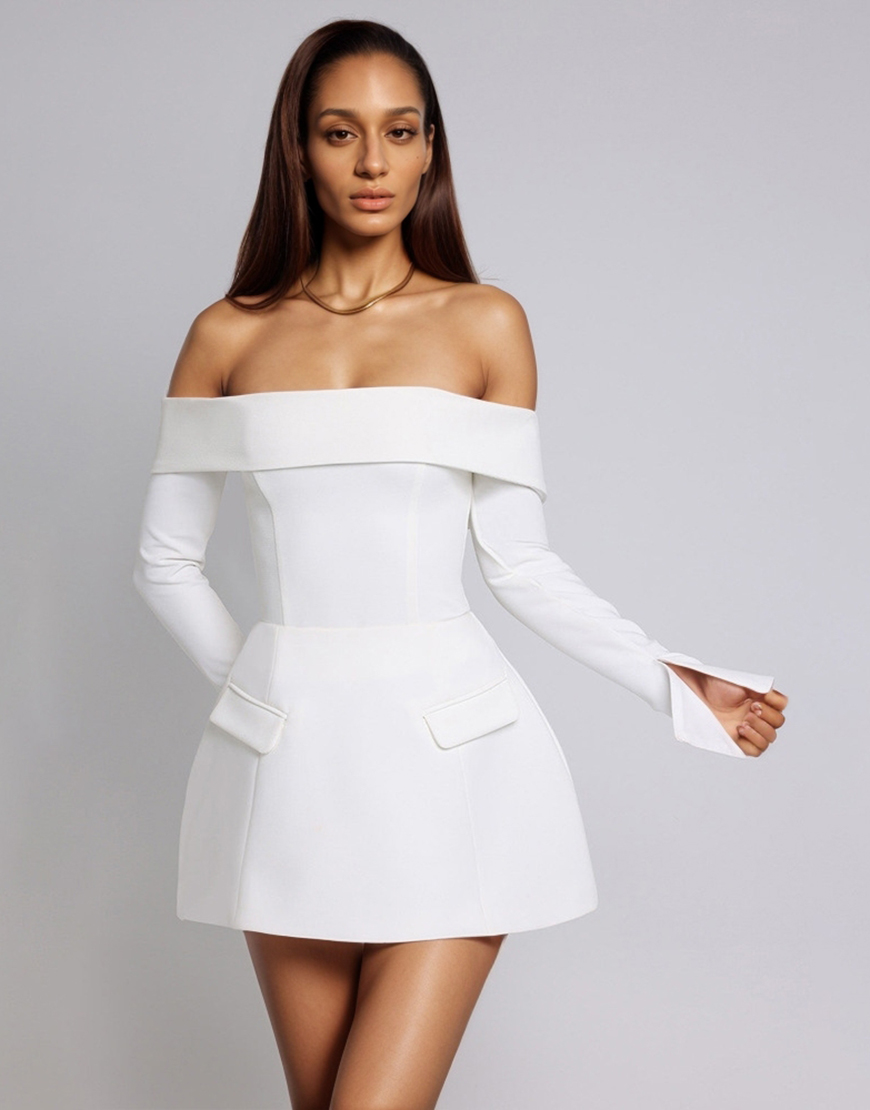 Simple A-Line Off the Shoulder Long Sleeves Little White Graduation Dress with Pocket