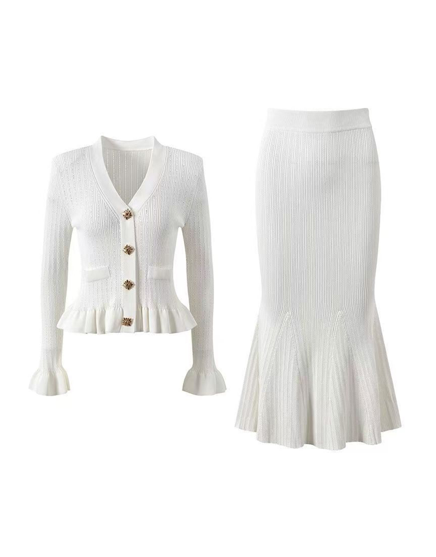 White Tight 2 Piece Long Sleeves Knit Graduation Dress