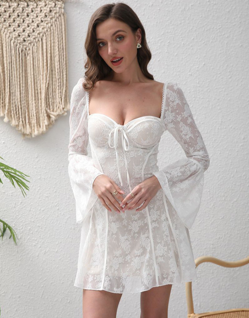A-Line Lace Bell Long Sleeves Square Neck Little White Graduation Dress