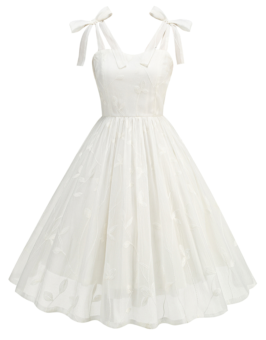 A-Line Bow Tie Shoulder Straps Little White Graduation Dress with Embroidery