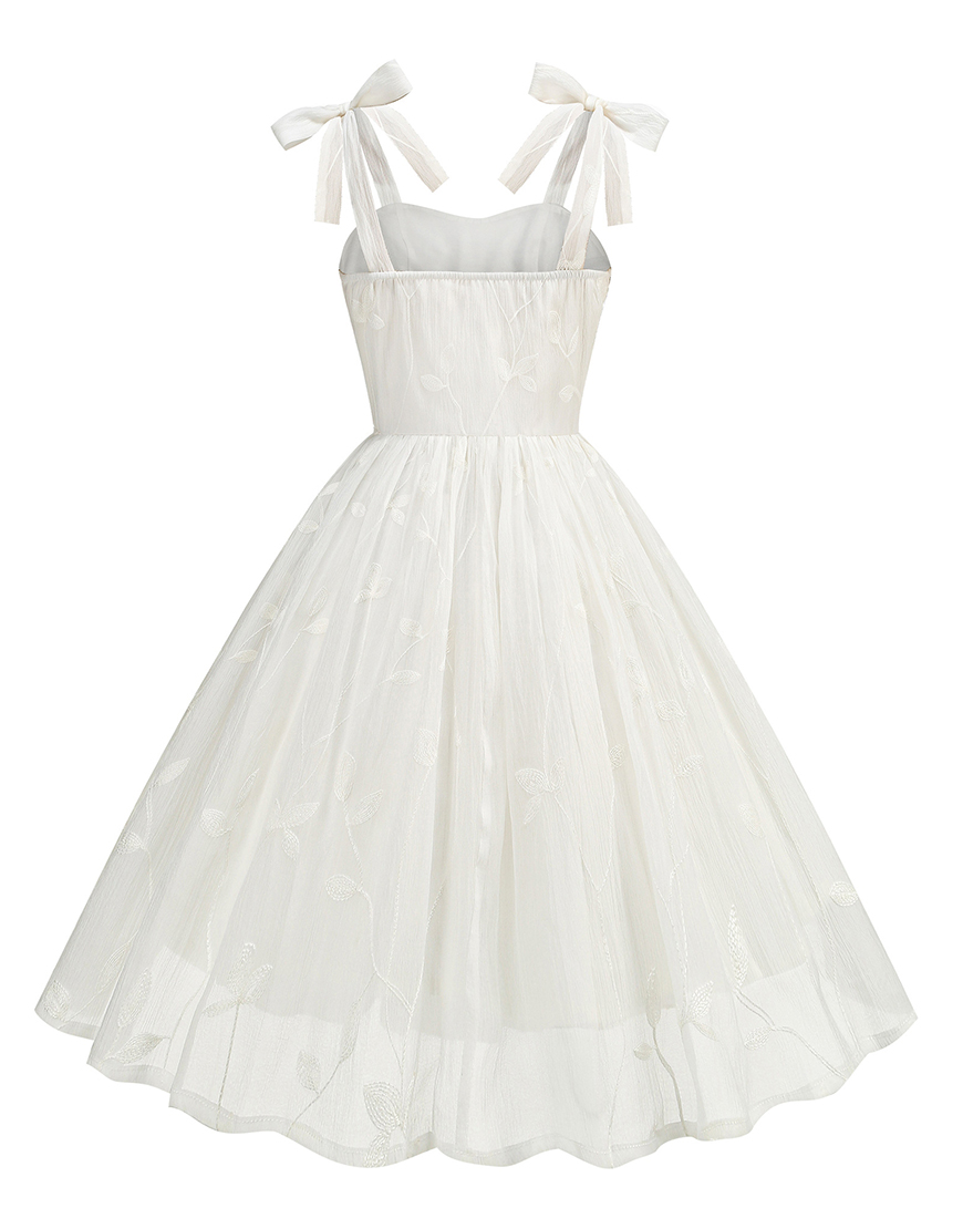 A-Line Bow Tie Shoulder Straps Little White Graduation Dress with Embroidery