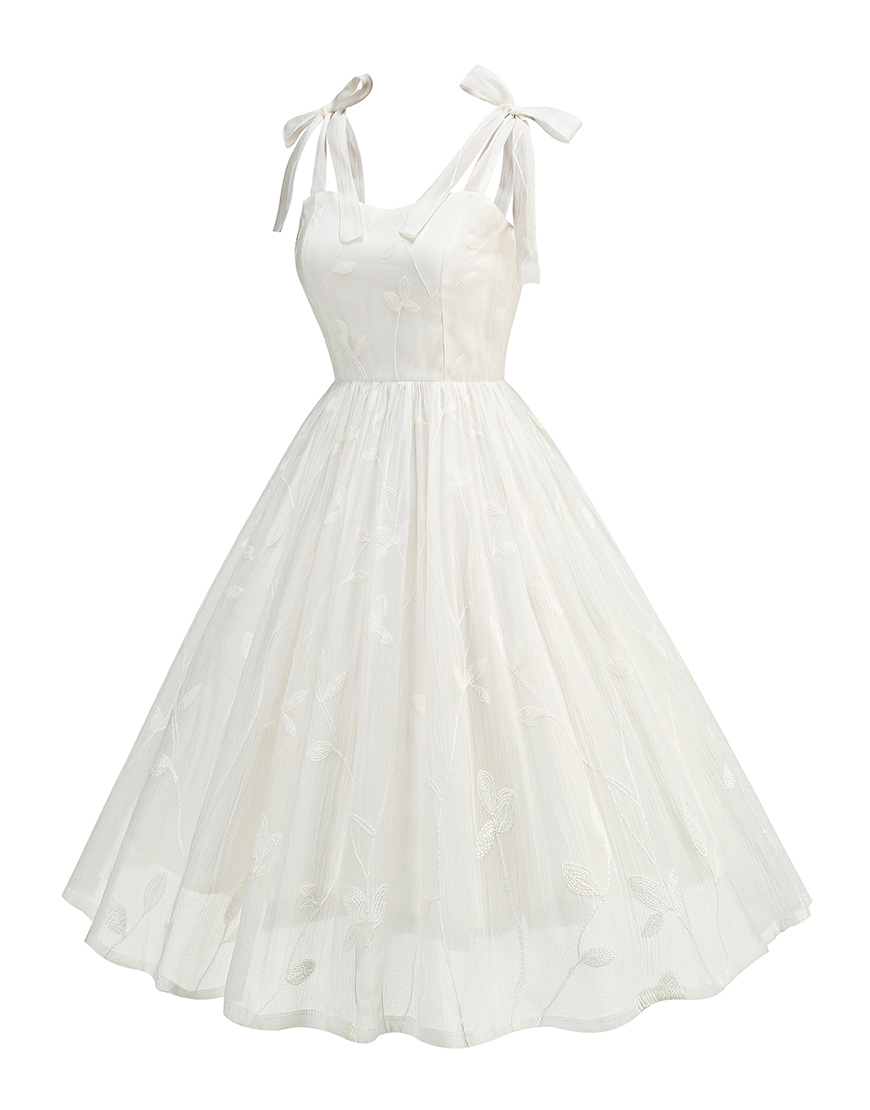 A-Line Bow Tie Shoulder Straps Little White Graduation Dress with Embroidery