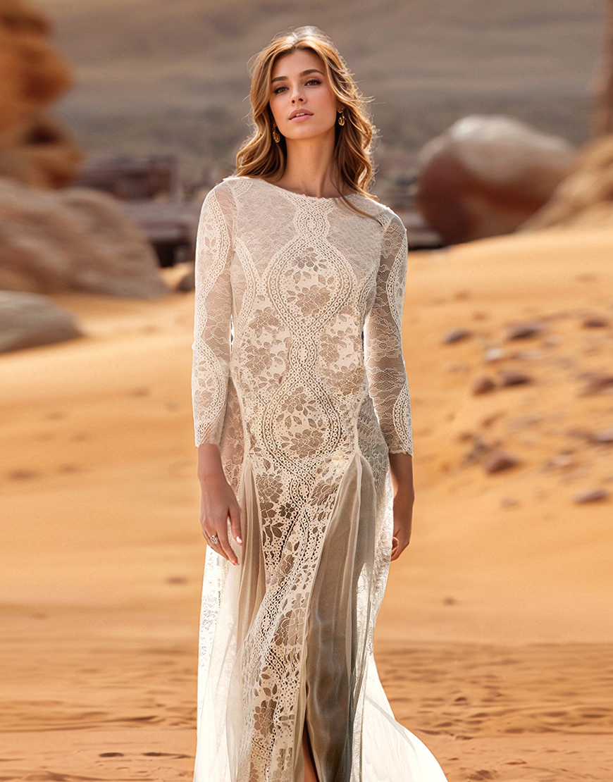 Sheath Boat Neck Long Sleeves Lace Long Graduation Dress with Slit