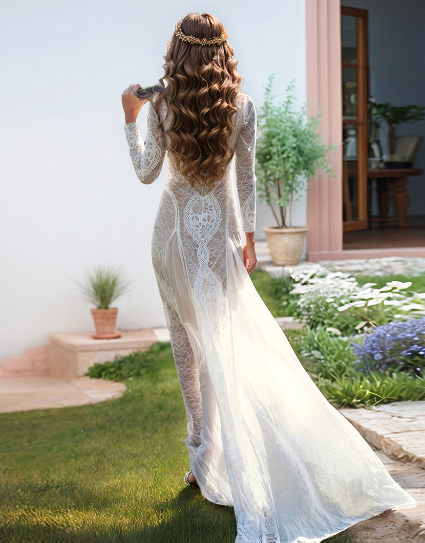 Sheath Boat Neck Long Sleeves Lace Long Graduation Dress with Slit