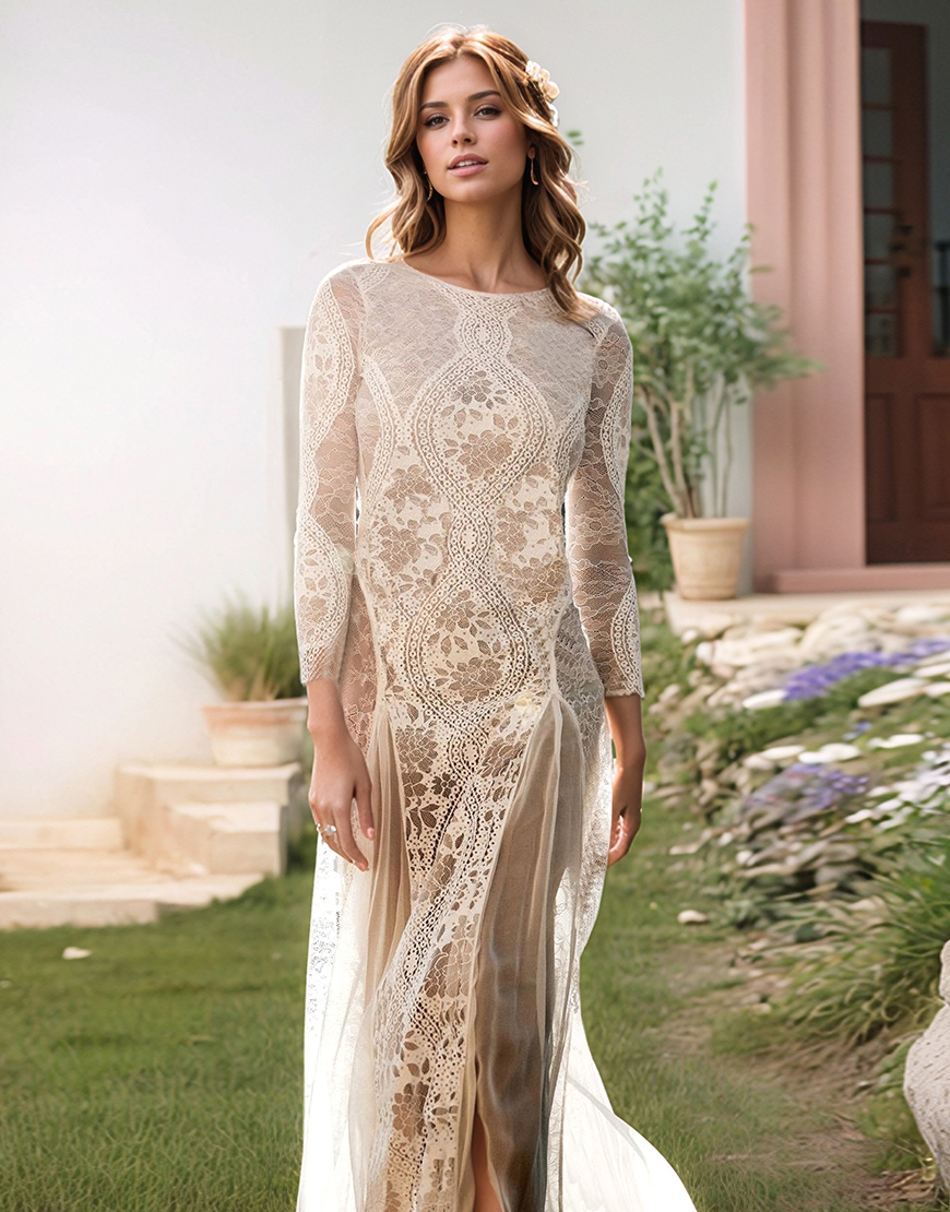 Sheath Boat Neck Long Sleeves Lace Long Graduation Dress with Slit