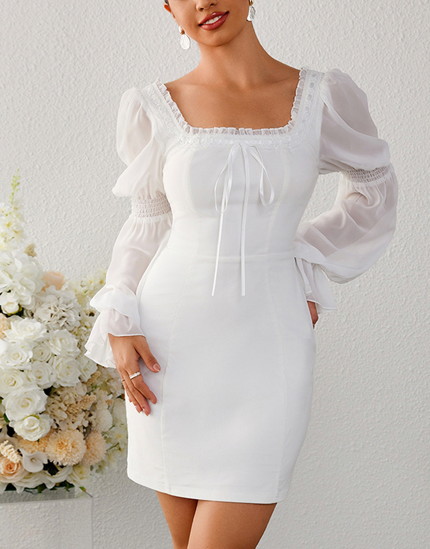 Bodycon Ruffled Square Neck Bell Sleeves Little White Graduation Dress