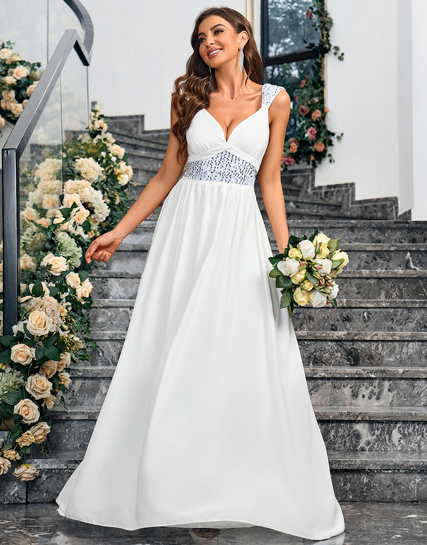Sparkly White A-Line Sequined V Neck Long Graduation Dress