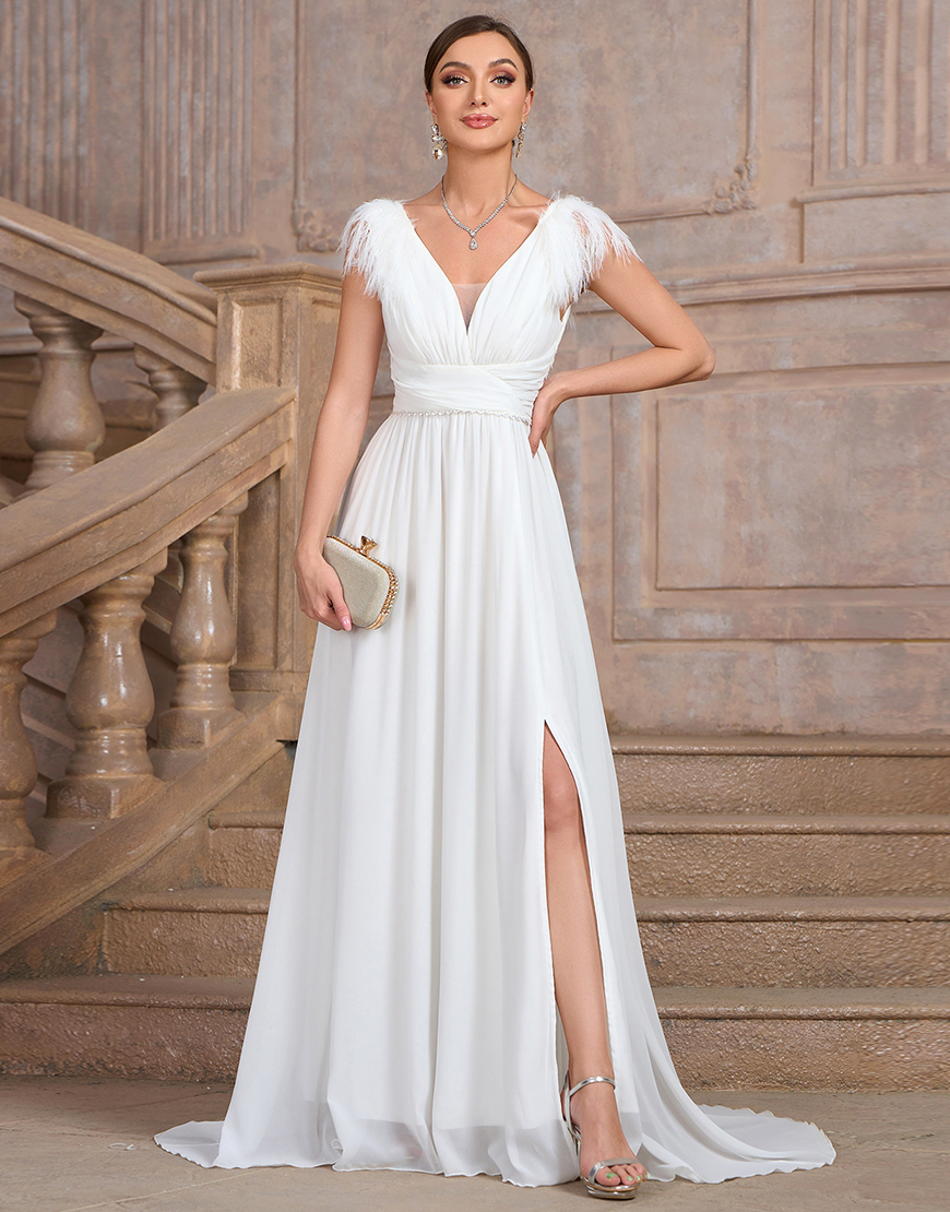 White A-Line Feather V Neck Pleating Long Graduation Dress with Slit