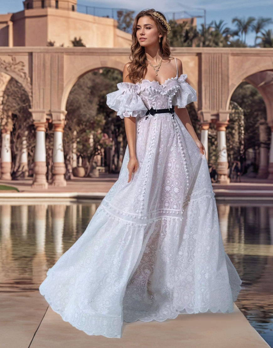Princess White A-Line Cold Shoulder Ruffles Long Graduation Dress with Puff Sleeves