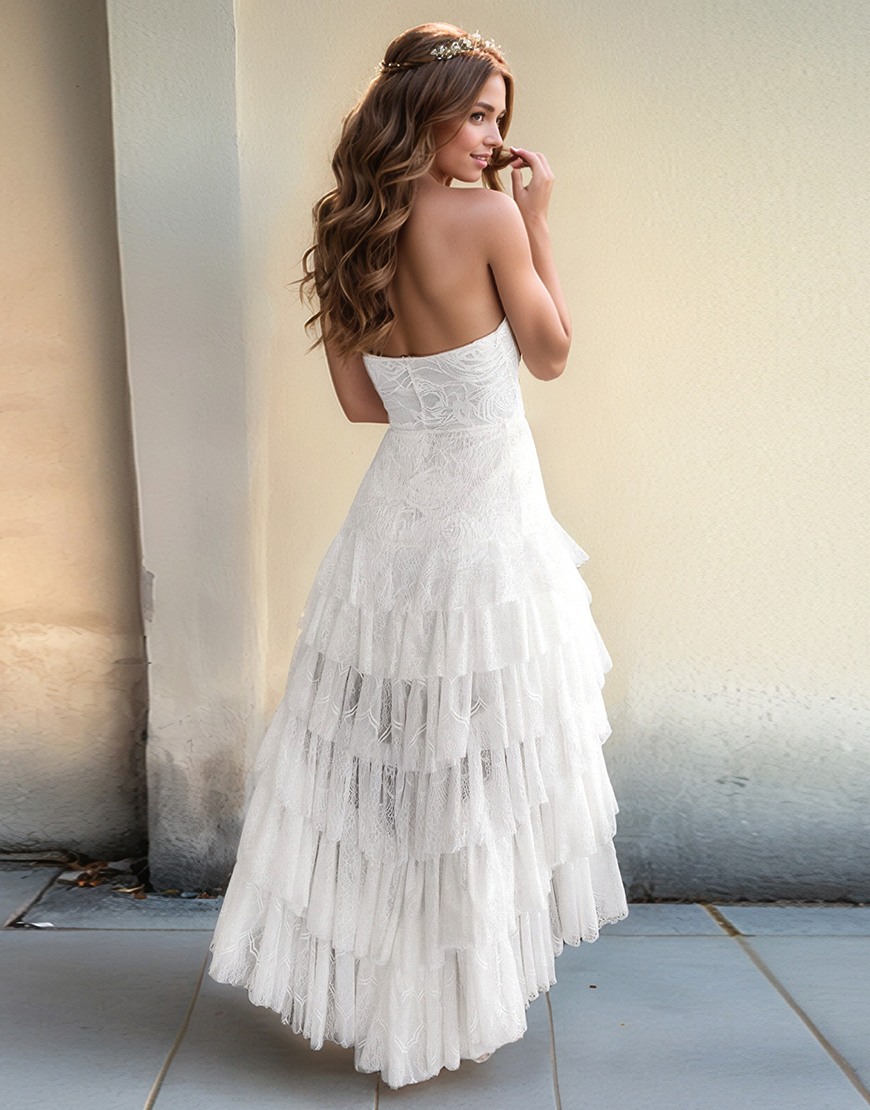 White A-Line Spaghetti Straps Lace Ruffles Hi-Low Graduation Dress