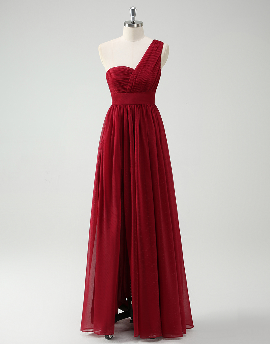Burgundy A-Line One Shoulder Ruched Long Prom Dress with Slit'