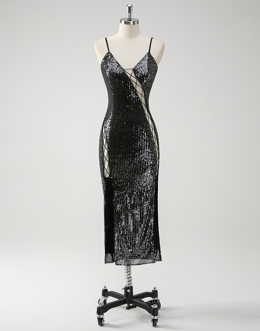 Sparkly Black Tight Spaghetti Straps Sequins Lace-Up Tea Length Prom Dress