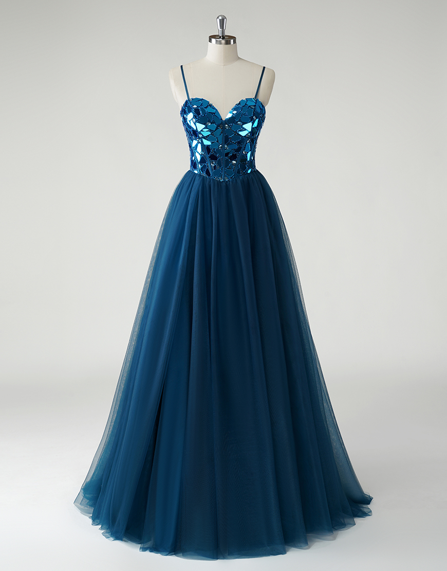 Sparkly Dark Blue A-Line Spaghetti Straps Corset Long Prom Dress with Mirror