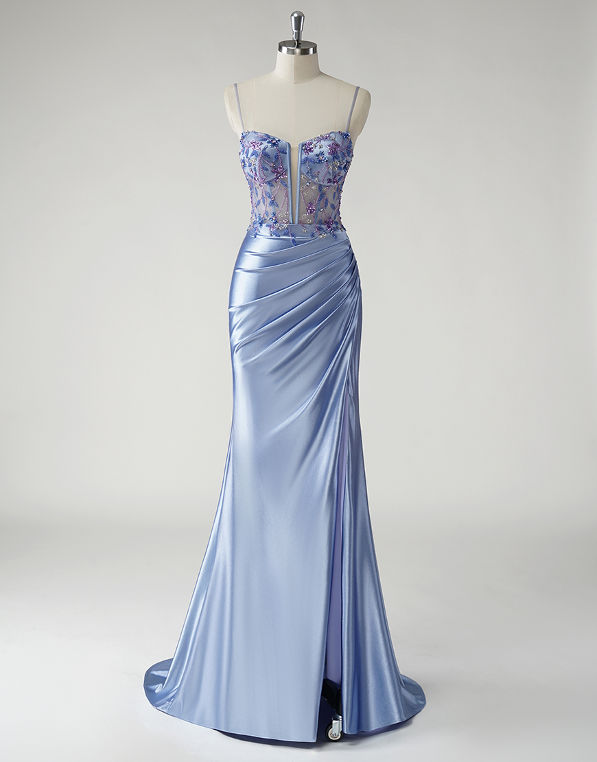 Sparkly Blue Mermaid Spaghetti Straps Ruched Split Long Prom Dress with Appliques Beading