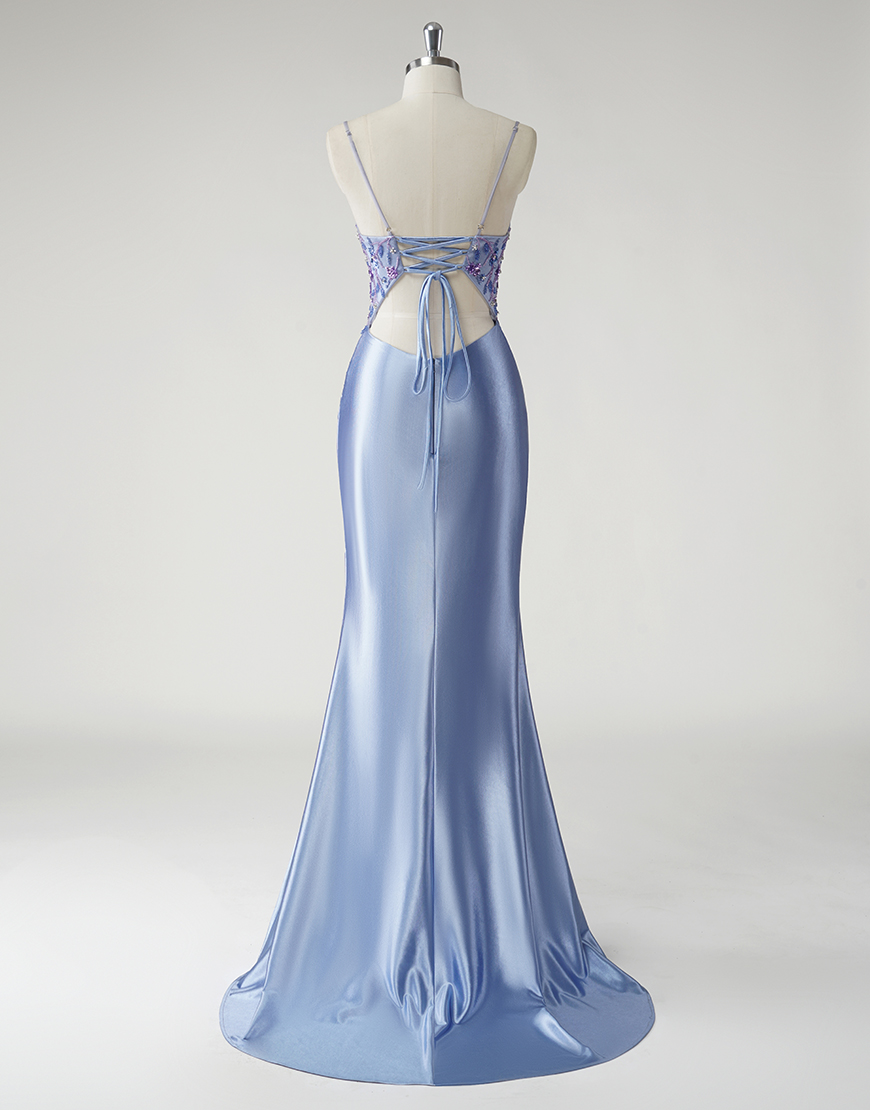 Sparkly Blue Mermaid Spaghetti Straps Ruched Split Long Prom Dress with Appliques Beading