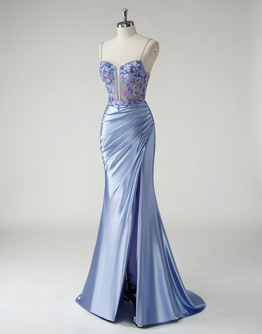 Sparkly Blue Mermaid Spaghetti Straps Ruched Split Long Prom Dress with Appliques Beading