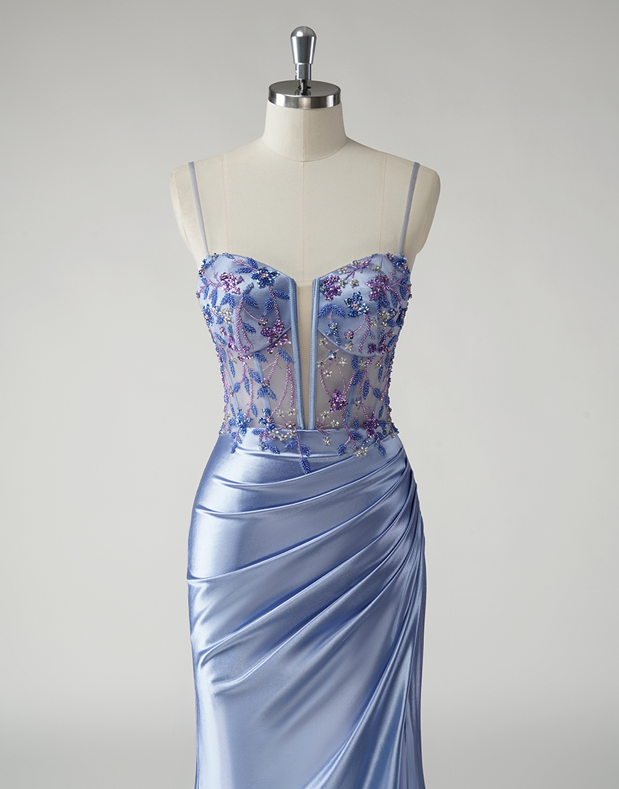 Sparkly Blue Mermaid Spaghetti Straps Ruched Split Long Prom Dress with Appliques Beading