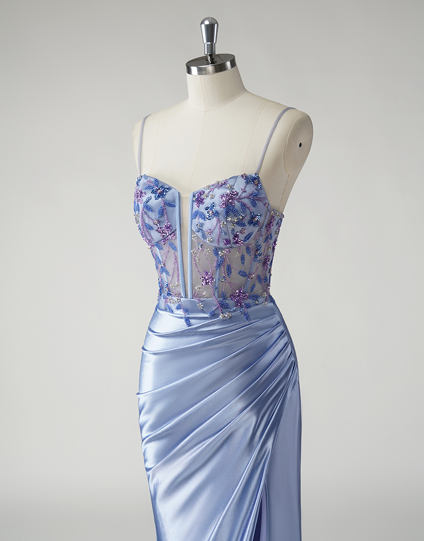 Sparkly Blue Mermaid Spaghetti Straps Ruched Split Long Prom Dress with Appliques Beading