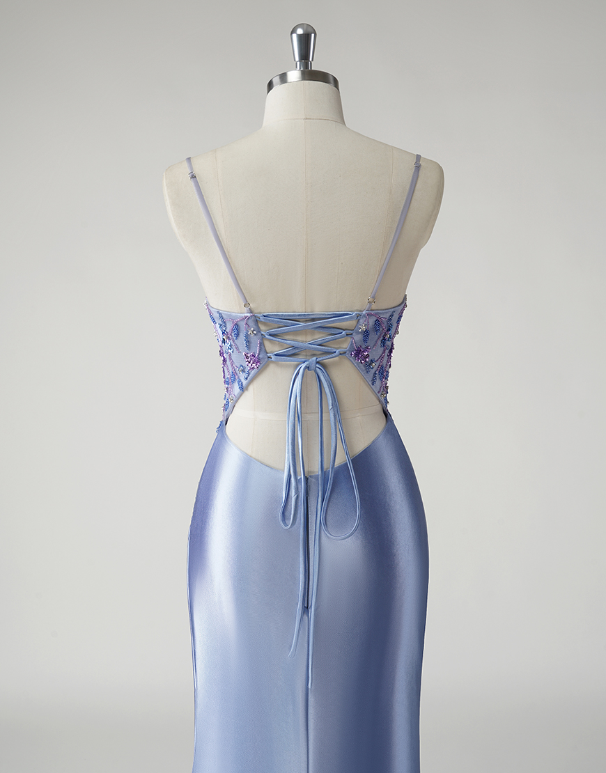 Sparkly Blue Mermaid Spaghetti Straps Ruched Split Long Prom Dress with Appliques Beading