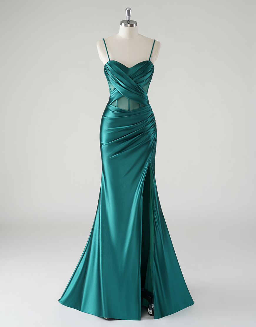 Sparkly Dark Green Mermaid Spaghetti Straps Ruched Split  Long Prom Dress
