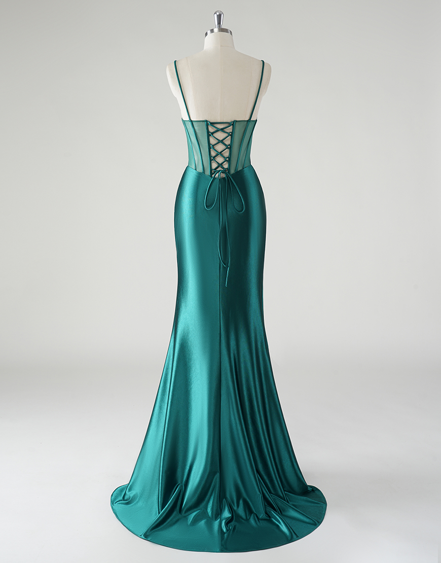 Sparkly Dark Green Mermaid Spaghetti Straps Ruched Split  Long Prom Dress