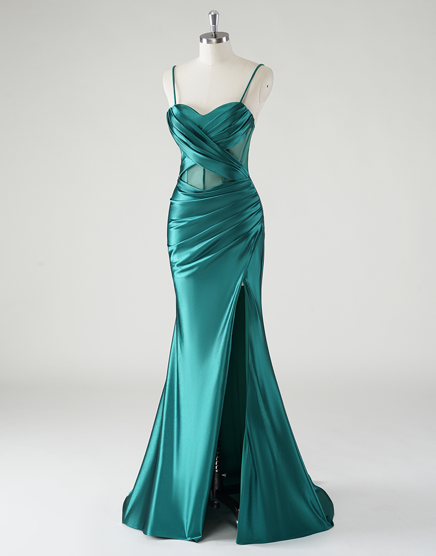Sparkly Dark Green Mermaid Spaghetti Straps Ruched Split  Long Prom Dress