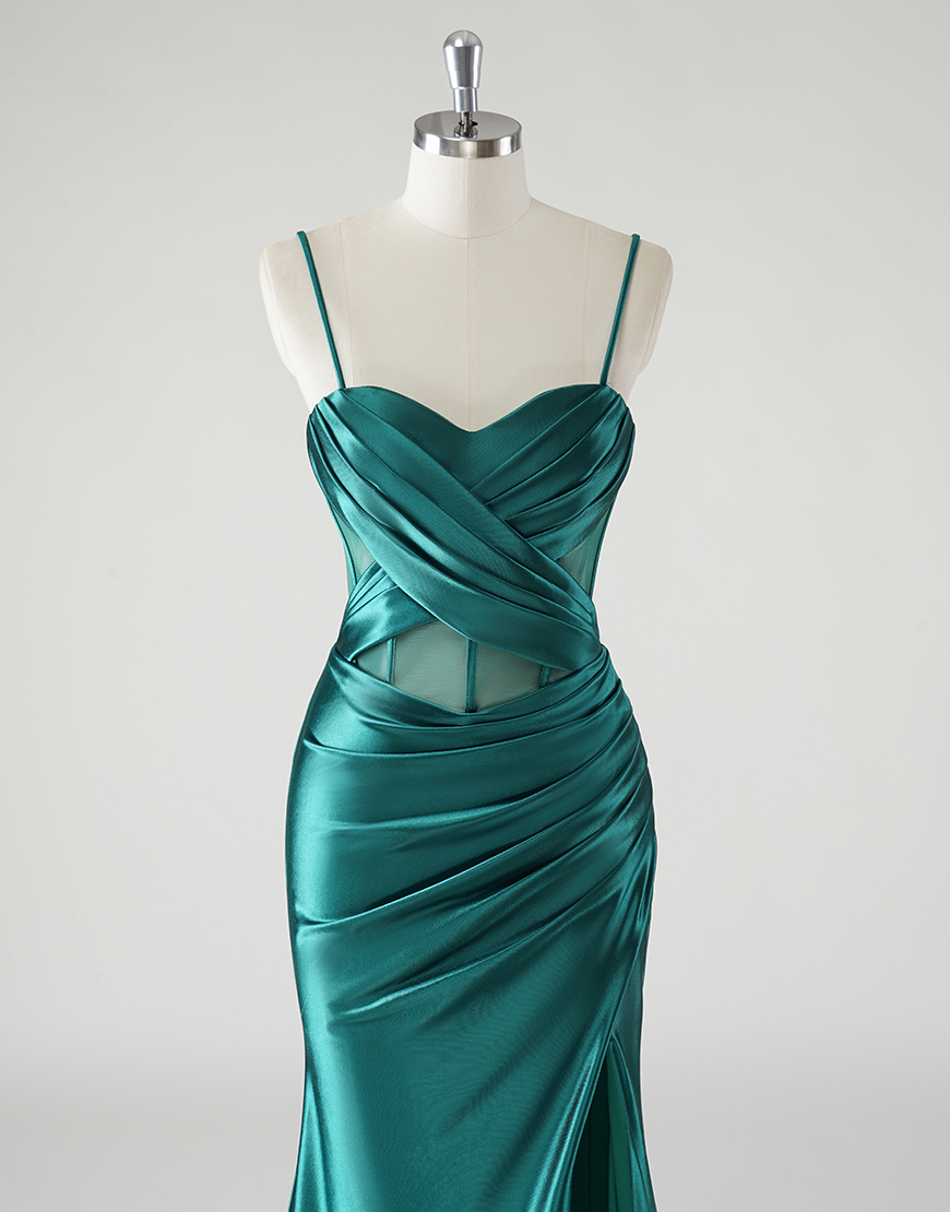 Sparkly Dark Green Mermaid Spaghetti Straps Ruched Split  Long Prom Dress