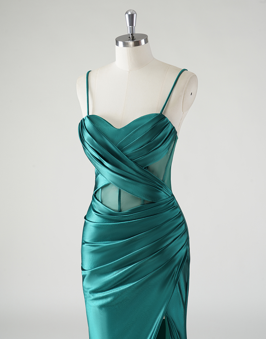 Sparkly Dark Green Mermaid Spaghetti Straps Ruched Split  Long Prom Dress