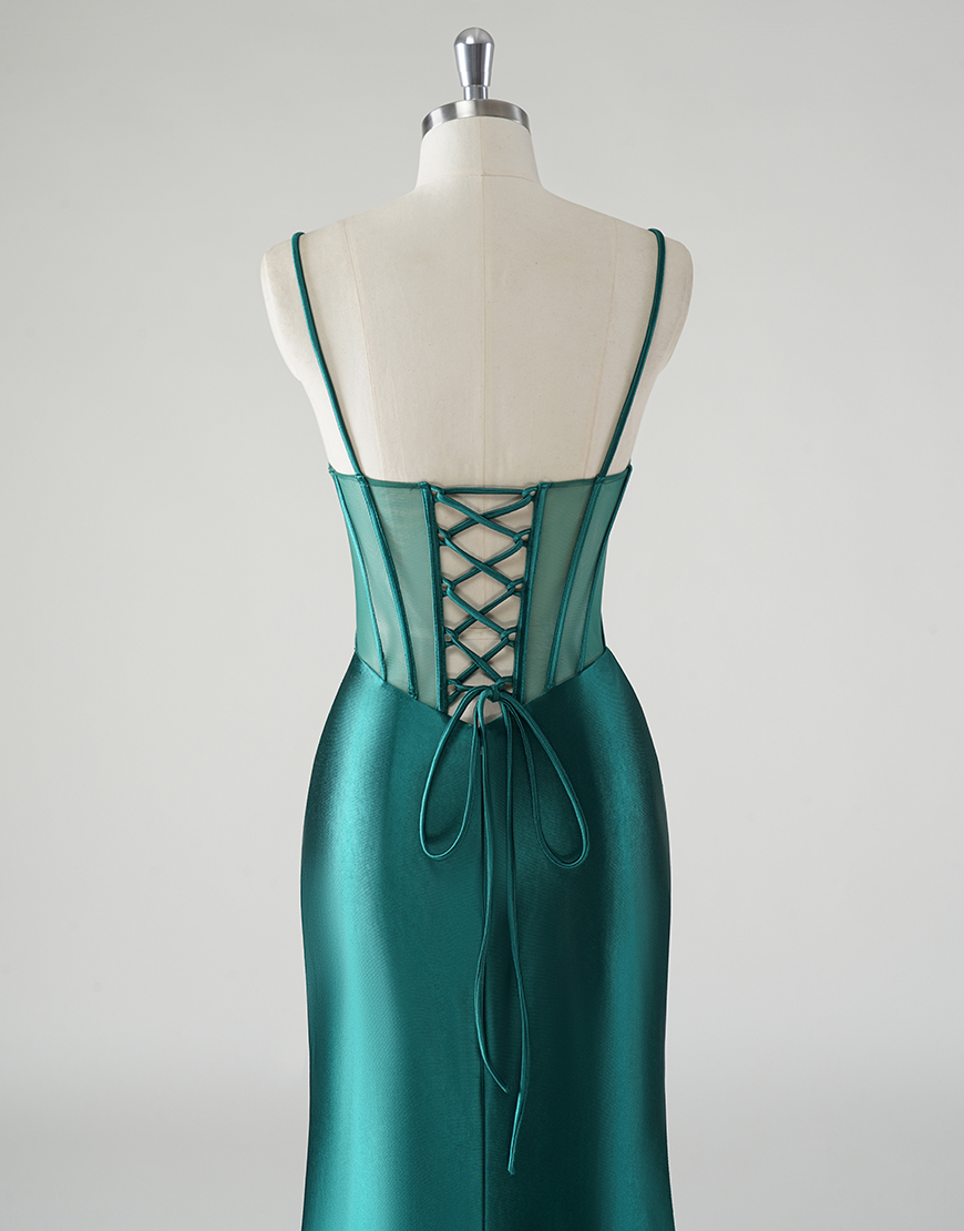 Sparkly Dark Green Mermaid Spaghetti Straps Ruched Split  Long Prom Dress