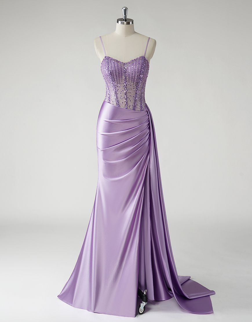 Sparkly Purple Mermaid Spaghetti Straps Ruched Split  Long Prom Dress with Beading