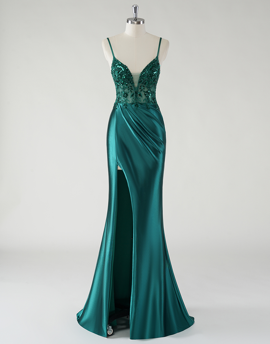 Sparkly Dark Green Mermaid Spaghetti Straps Split  Long Prom Dress With Appliques
