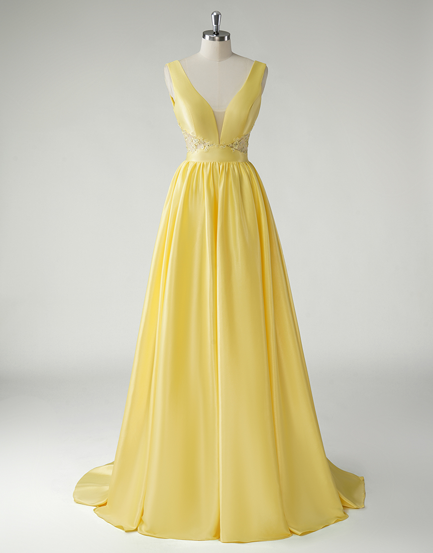 Elegant Yellow A-Line Straps Deep-V  Long Prom Dress With Appliques