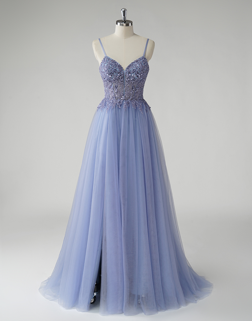 Sparkly Grey Blue A-Line Spaghetti Straps Tulle Long Prom Dress With Appliques