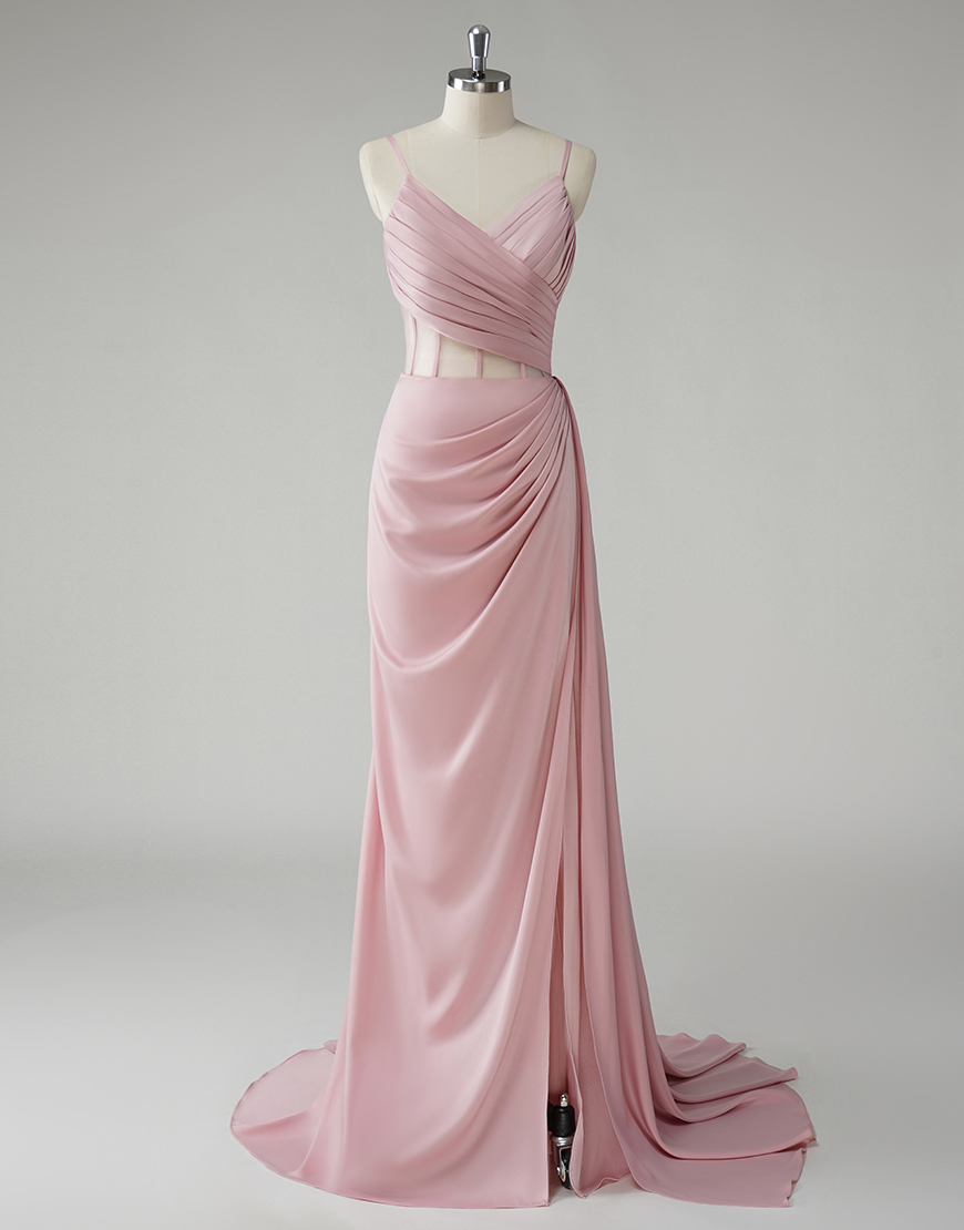Blush Mermaid Spaghetti Straps  Ruched Long Prom Dress With Slit