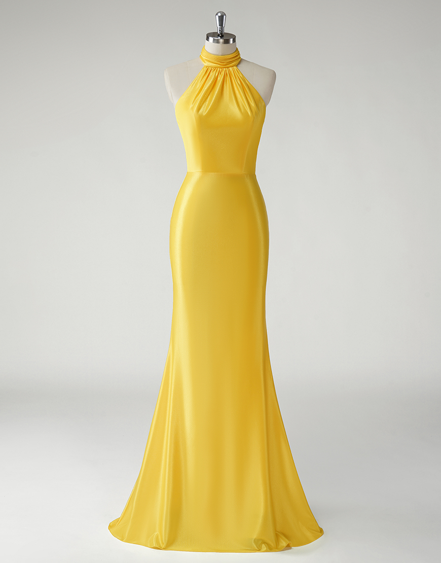 Graceful Yellow Mermaid Halter Sleeveless Ruched Long Prom Dress 