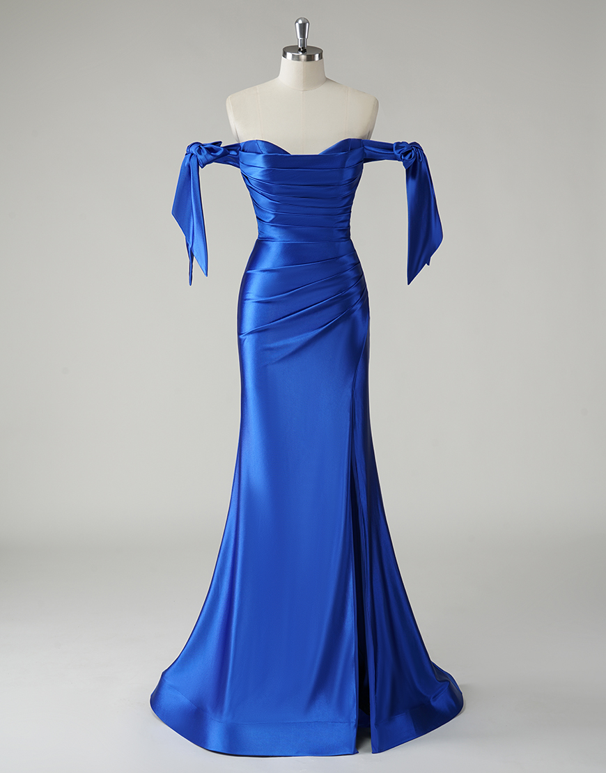 Elegant Royal Blue Mermaid Off The Shoulder Ruched Long Prom Dress With Slit