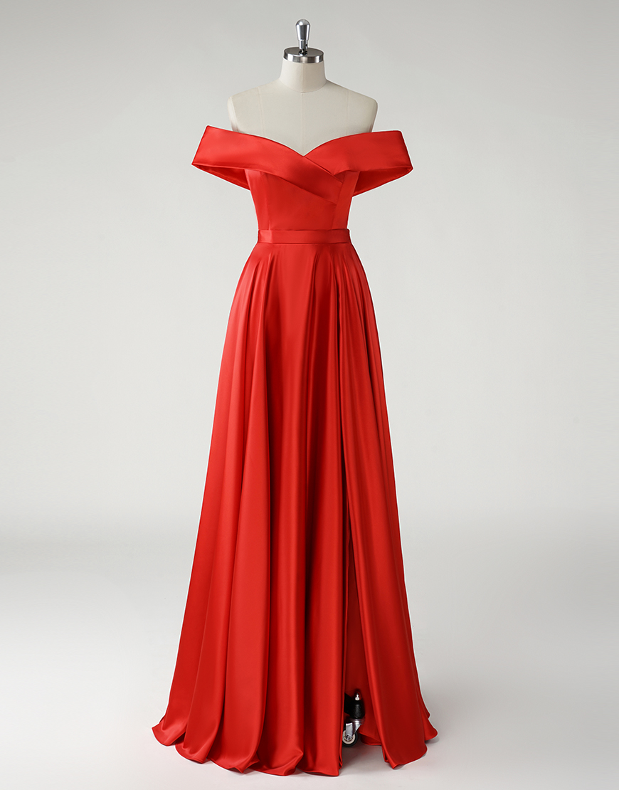 Graceful Red A-Line Off The Shoulder Lace-Up Long Prom Dress With Slit