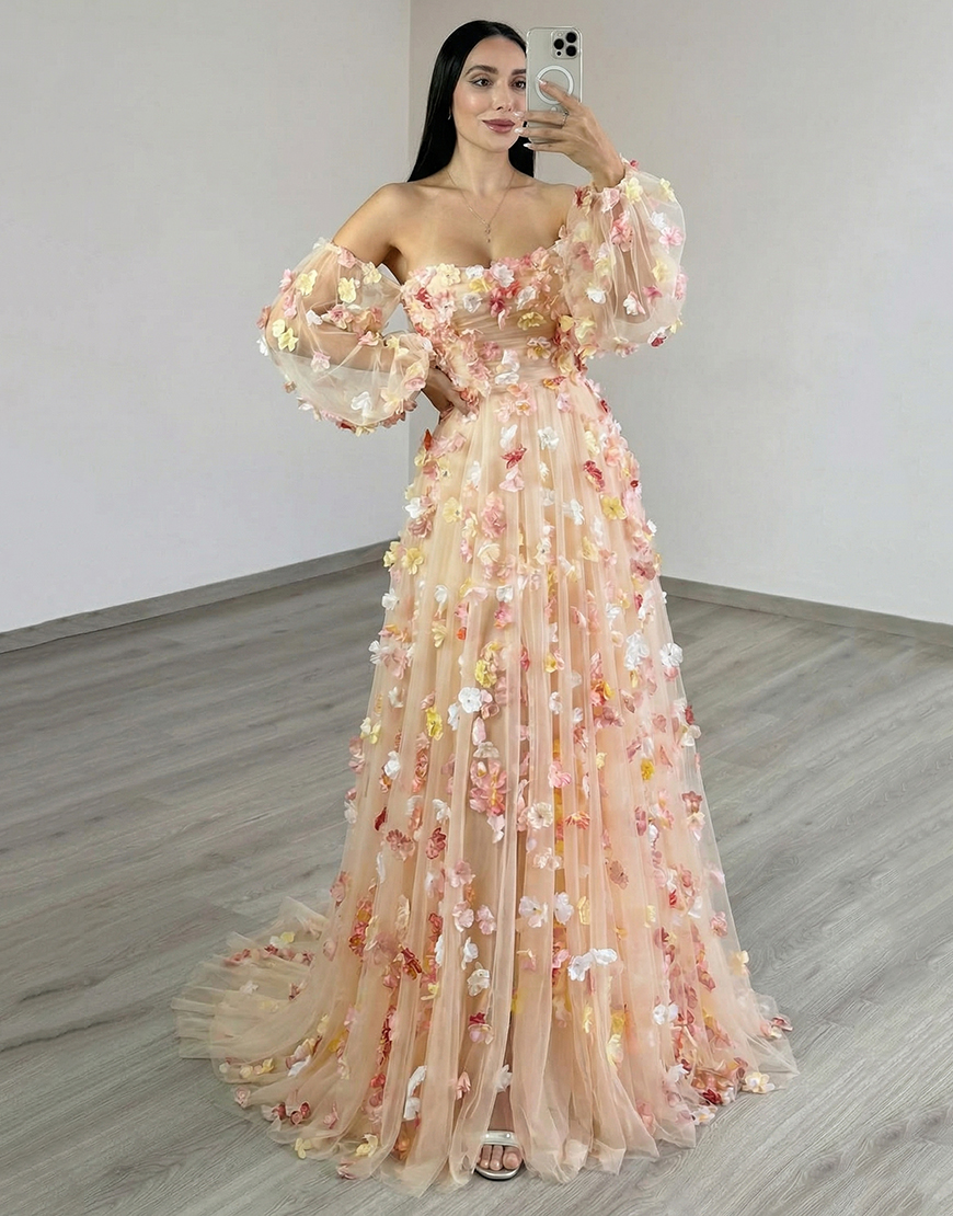 Champagne Tulle Floral A Line Long Prom Dress with Sleeves