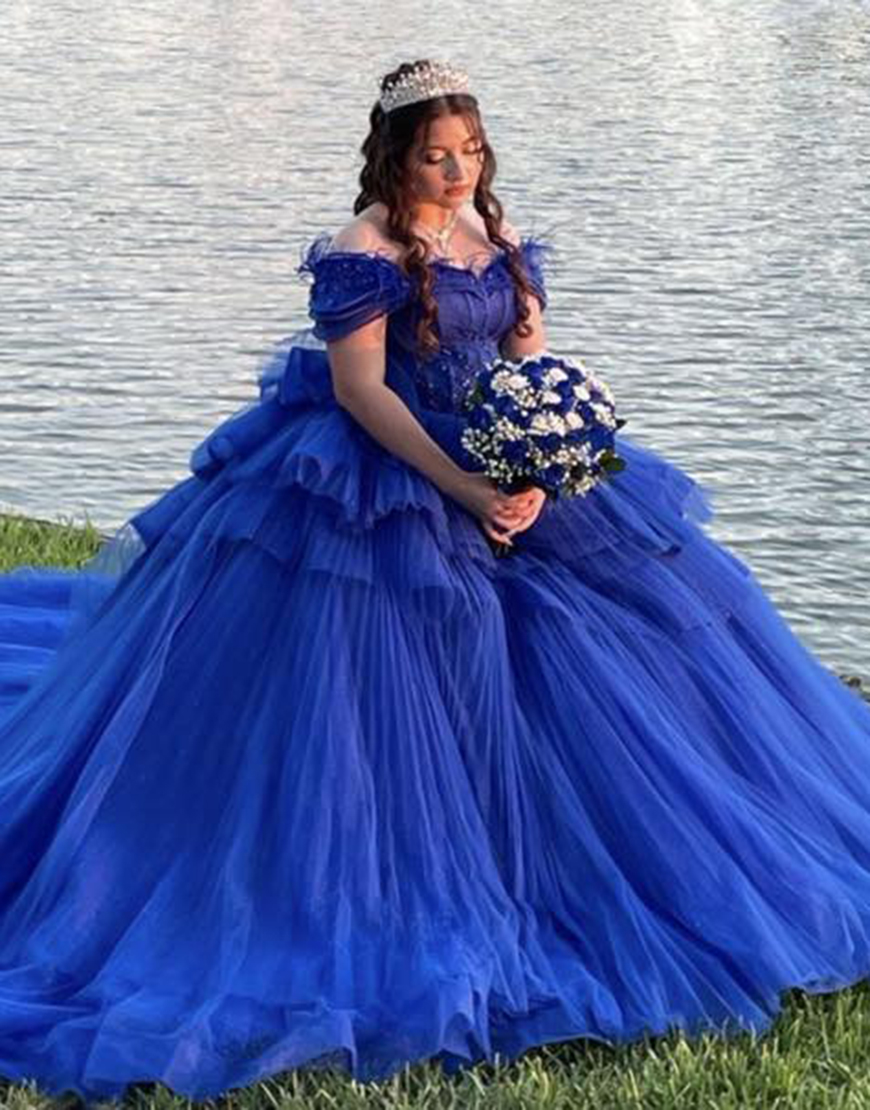 Sparkly Royal Blue Off The Shoulder Tiered Tulle Quinceanera Dress with Feather