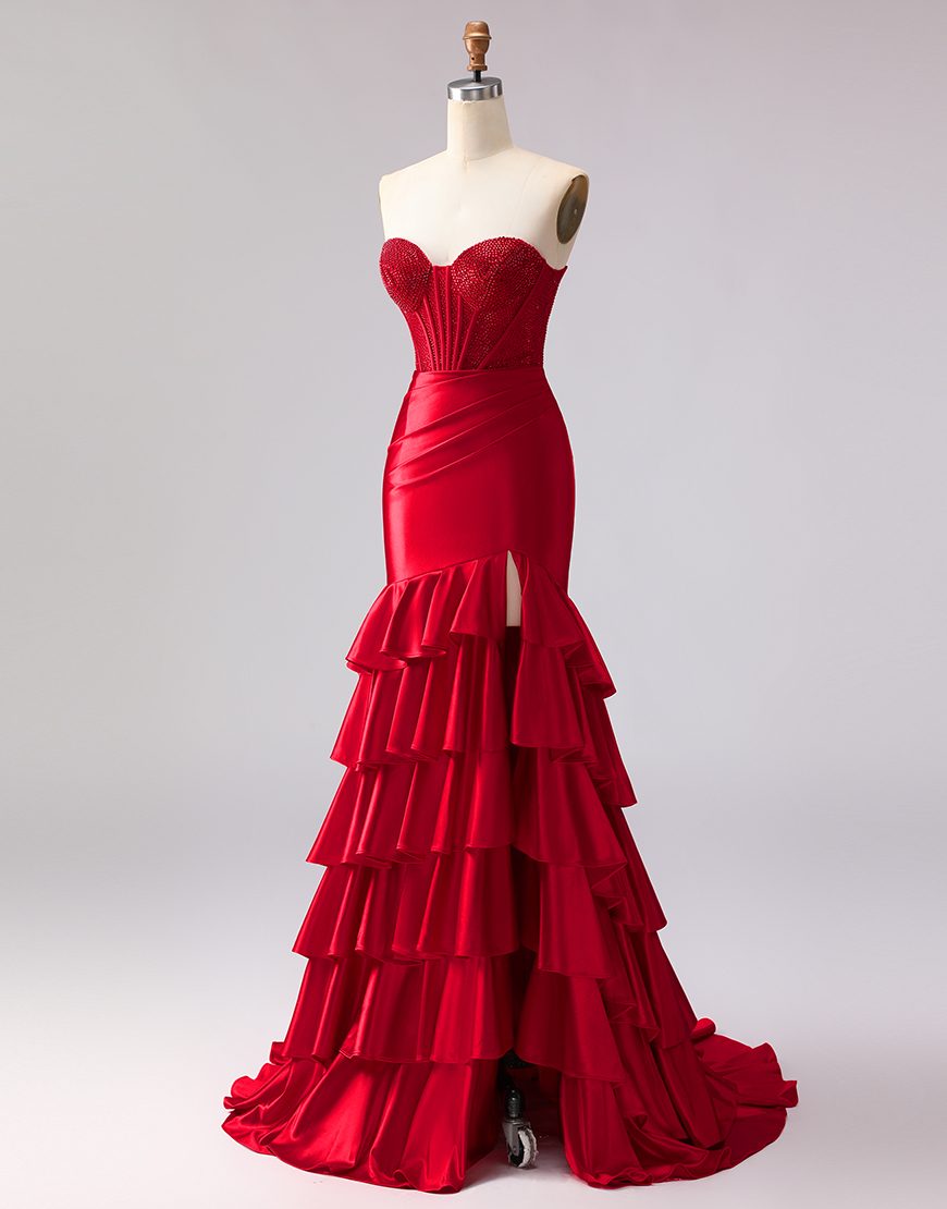 Sparkly Red Mermaid Satin Corset Ruffled Sweetheart Long Prom Dress with Slit