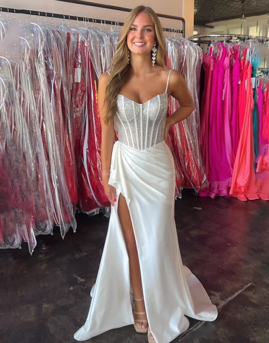 Sparkly White Mermaid Beaded Long Corset Prom Dress with Slit