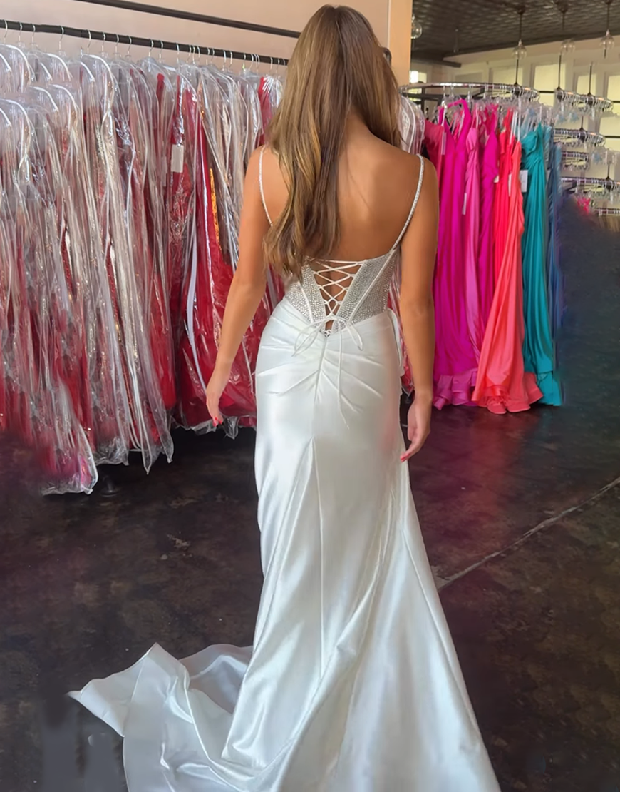 Sparkly White Mermaid Beaded Long Corset Prom Dress with Slit