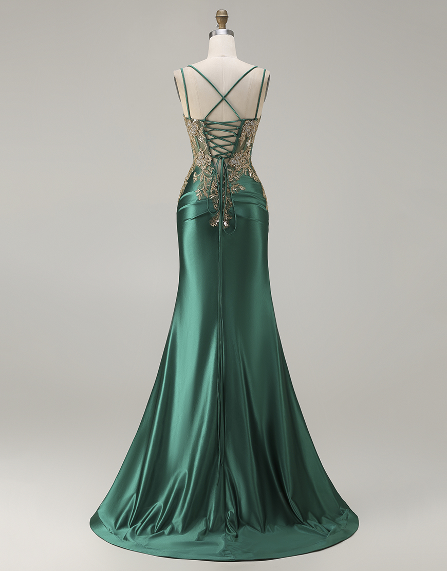 Sparkly Dark Green Corset Floral Satin Mermaid Long Prom Dress with Slit