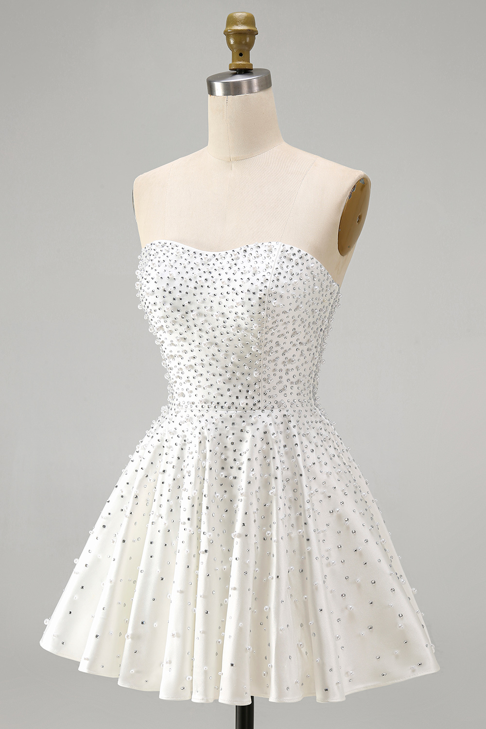 White Sparkly Beaded Short A Line Homecoming Dress with Pearls