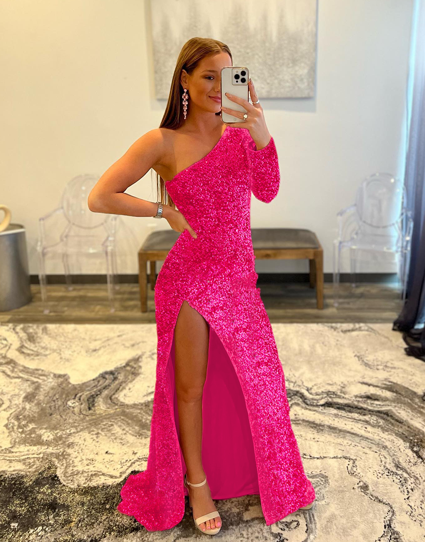 Mermaid Glitter One-Shoulder Single Sleeve Prom Dress With Sequins