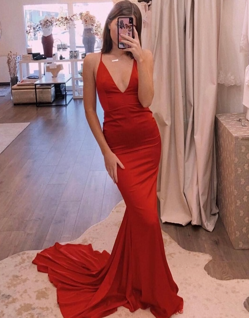 Red Mermaid Prom Dress Halter Evening Dress