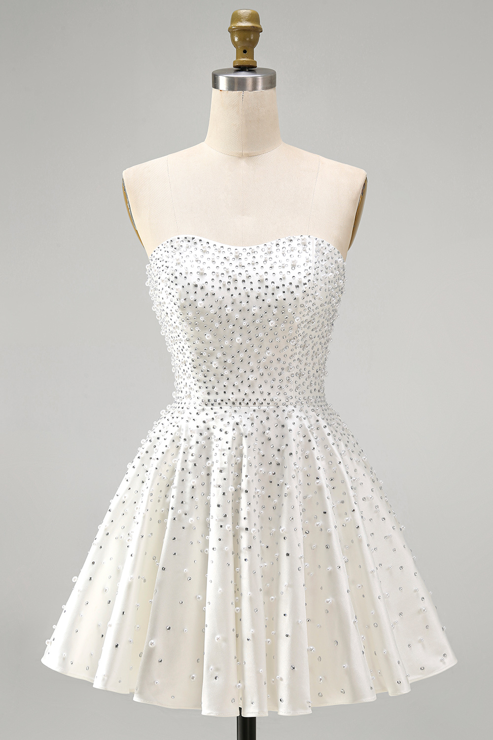 White Sparkly Beaded Short A Line Homecoming Dress with Pearls