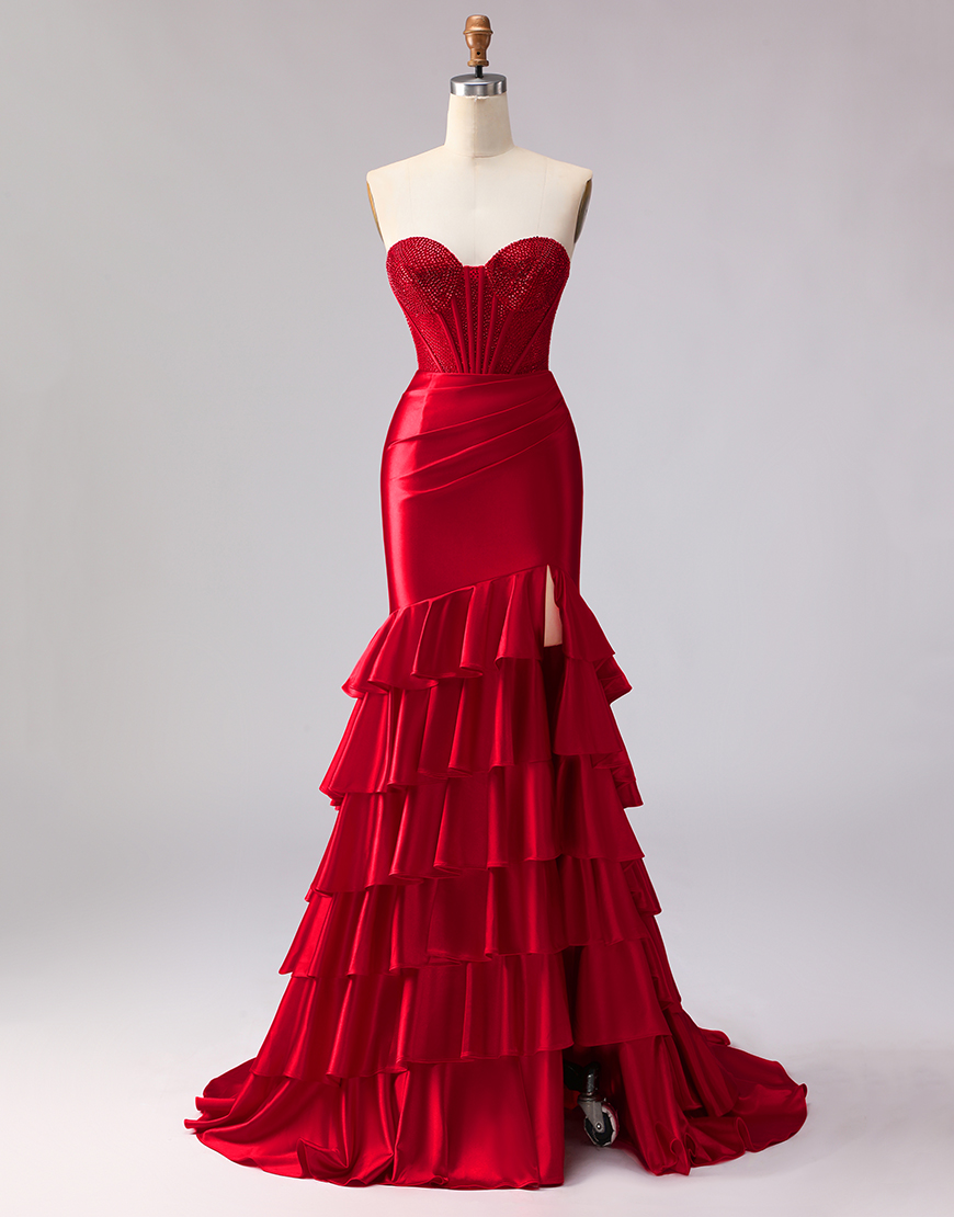 Sparkly Red Mermaid Satin Corset Ruffled Sweetheart Long Prom Dress with Slit