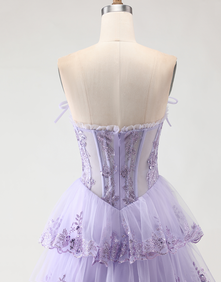 Blush Tiered Floral Tulle Corset A Line Long Prom Dress with Slit