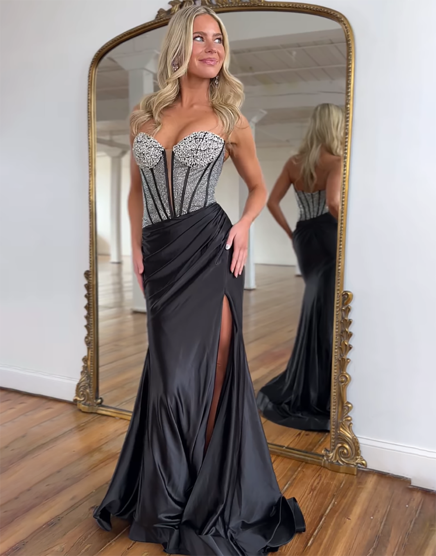 Mermaid Black Strapless Beading Corset Long Prom Dress with Slit